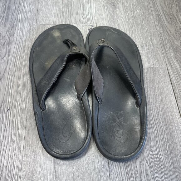 OLUKAI KUPUNA Black Leather Flip Flop Sandals Men\'s Sz 12 US, EUR 45 main image 6